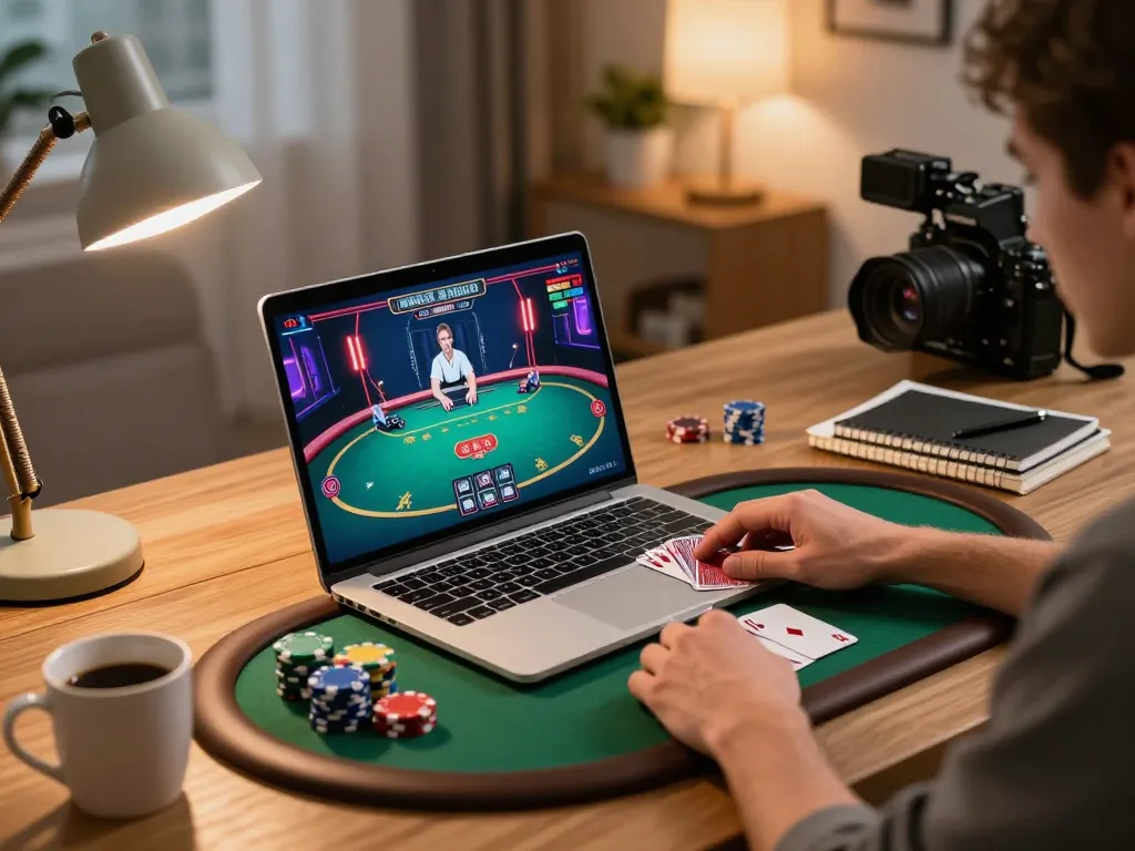 Kuwin player enjoying online poker, engaged in strategic gameplay from a cozy home setup.
