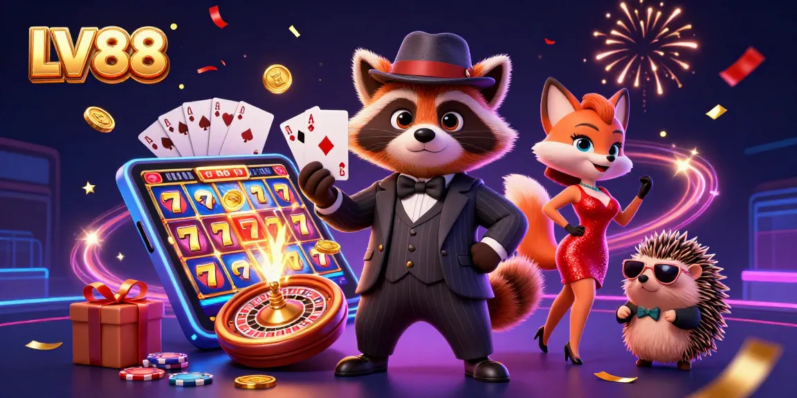LV88 raccoon in a suit holds a royal flush while surrounded by vibrant casino elements.