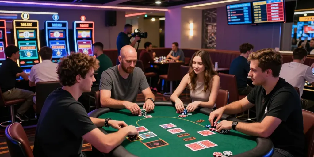 Engaged players at a Bitcoin casino with vibrant gaming atmosphere and crypto displays.