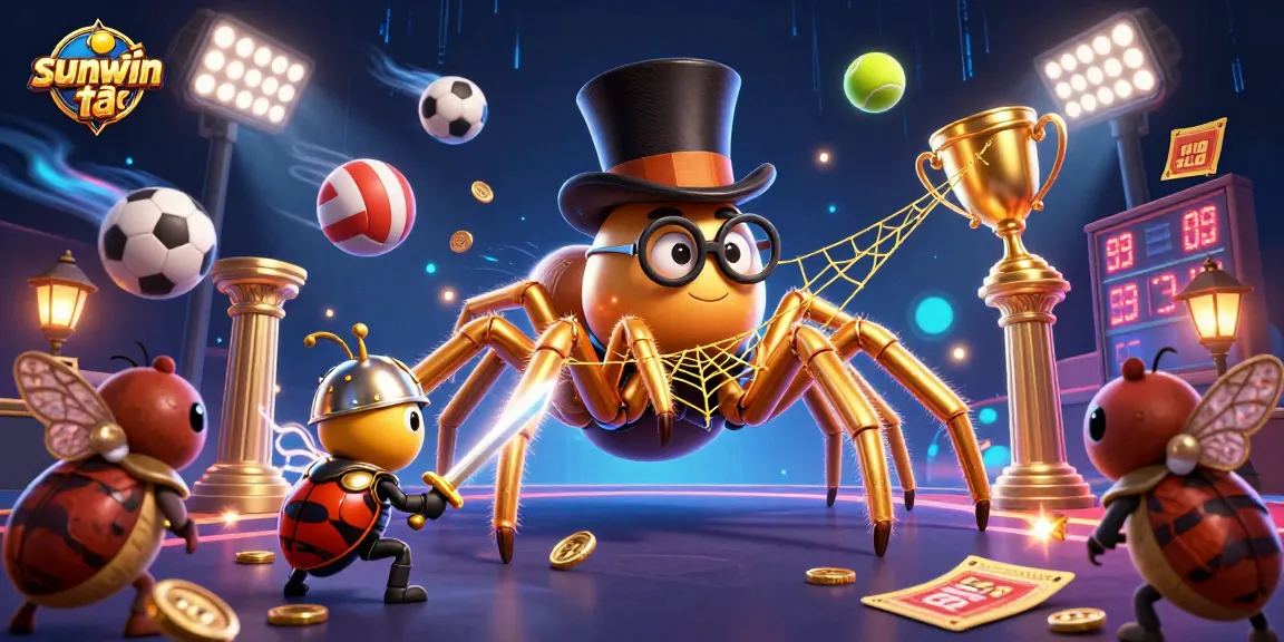 Engage with sunwin tải in this vibrant scene featuring a giant tarantula and heroic beetle in a casino.