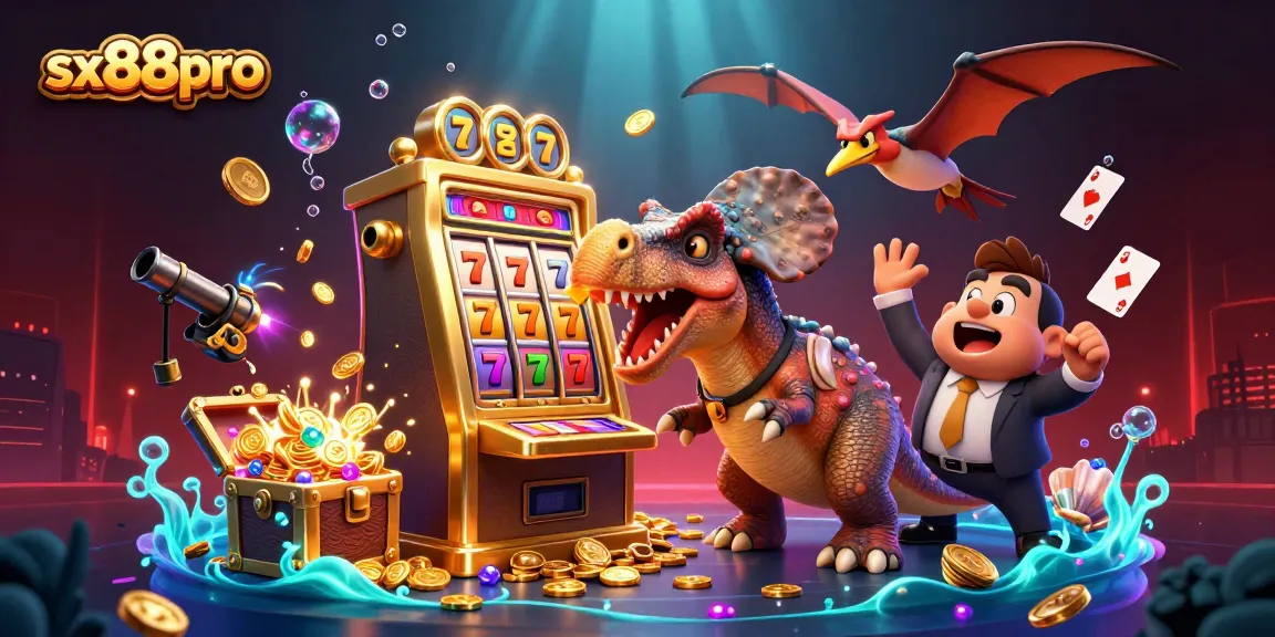 SX88Pro's pachycephalosaurus wins jackpot coins at a vibrant casino scene.