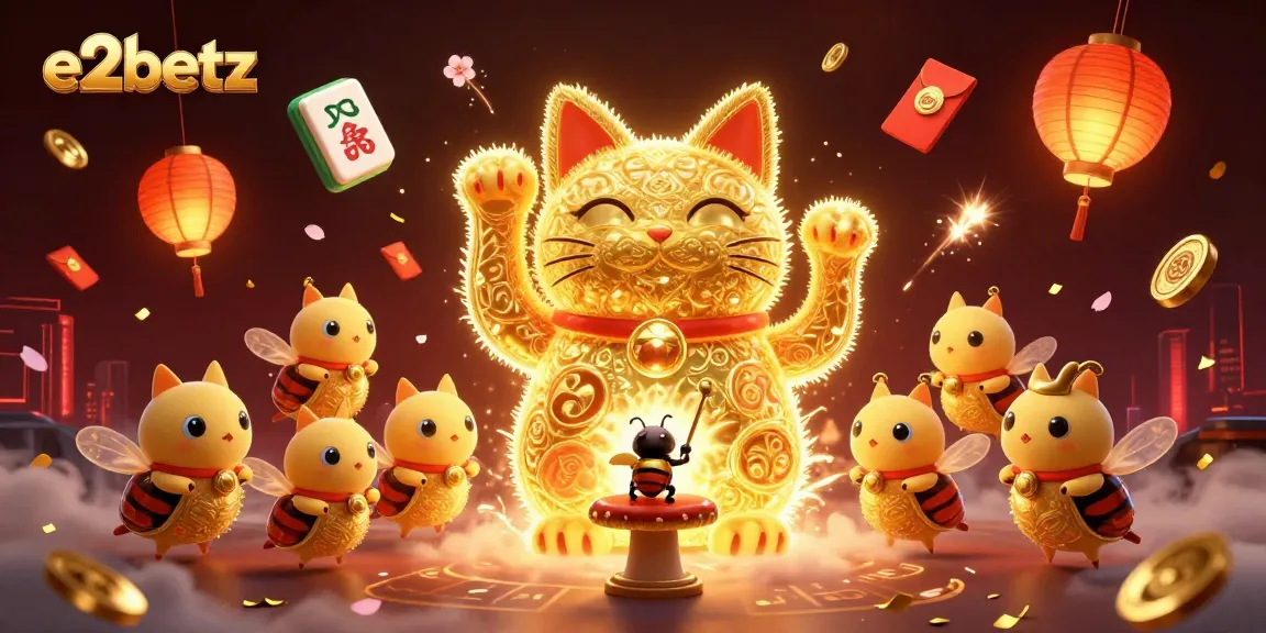 Engage with e2betz's vibrant lucky cat illustration amid dynamic casino symbols and glowing elements.