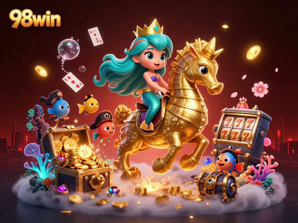 Win big with 98win as the mermaid princess journeys through a magical casino underwater.