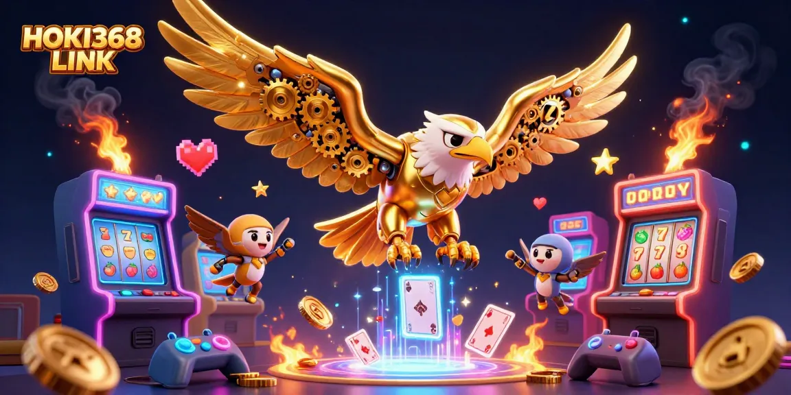Experience the vibrant atmosphere of HOKI368 LINK with a dynamic illustration of a cybernetic eagle and casino-themed elements.