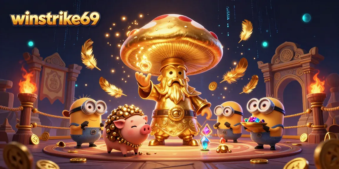Winstrike69 showcases a magical scene with golden mushroom wizard and treasure-hunting pig in an enchanting casino