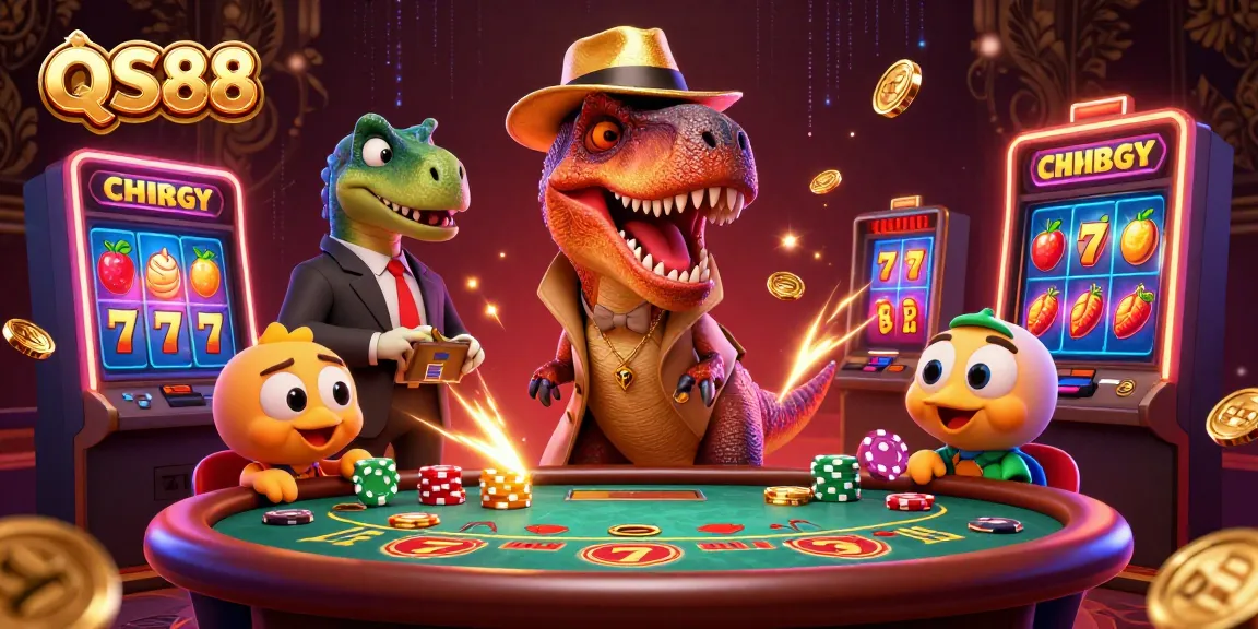 Engaging QS88 casino scene featuring a velociraptor card counter at slots, showcasing vibrant game elements.