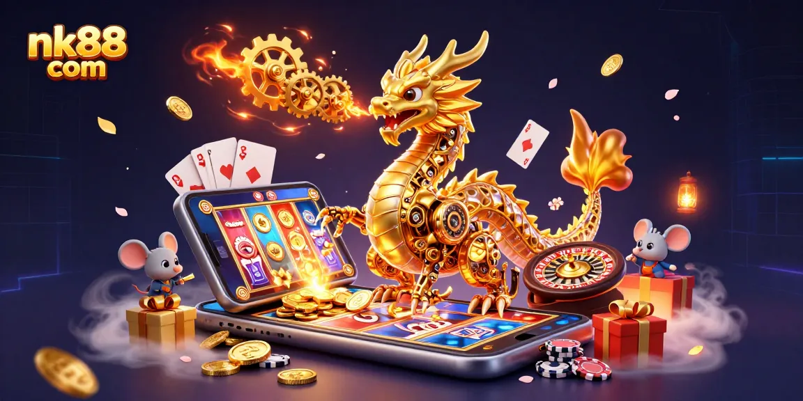 Experience the thrill of winning at nk88 com with our vibrant 3D casino illustration featuring a mystical dragon and action-packed gaming elements.