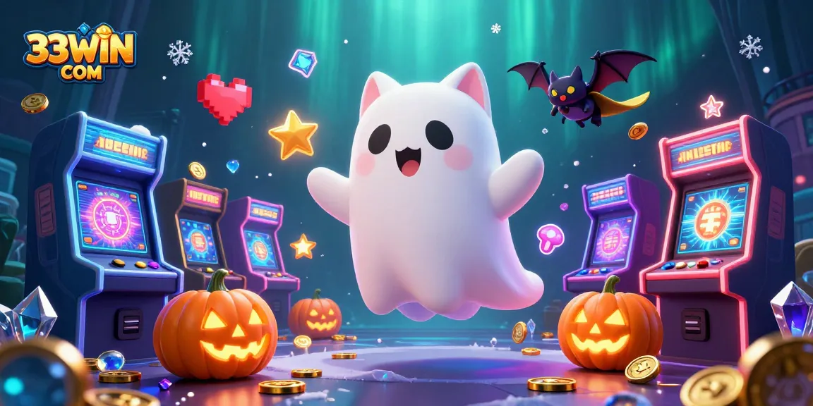 Play thrilling games at 33WIN COM with a friendly ghost cat and a vampire bat in a haunted casino.