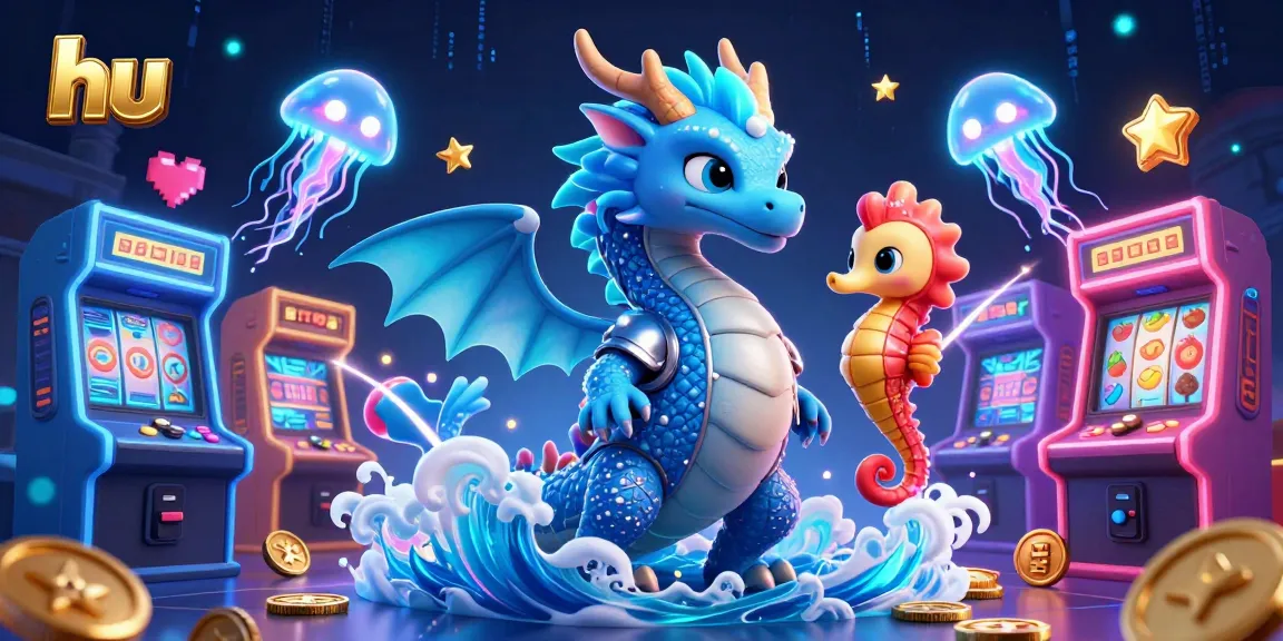 Engage with hu's vibrant casino scene featuring a dragon, knight, and jellyfish amidst dynamic gaming elements.