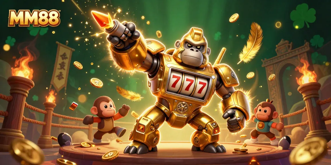 Engage in thrilling gameplay with MM88 featuring a golden gorilla mech surrounded by vibrant casino elements.