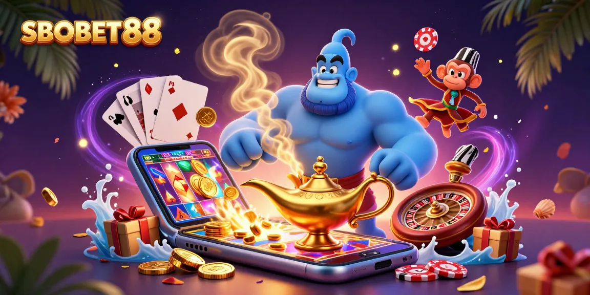 SBOBET88: Ikon kasino dengan jin raksasa dan karpet ajaib membawa chip poker menyemarakkan suasana judi.
