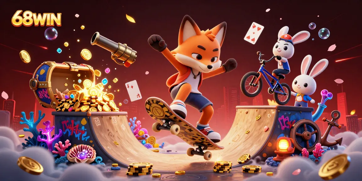 Experience the thrill of casino gaming with 68WIN in a vibrant 3D animated scene.