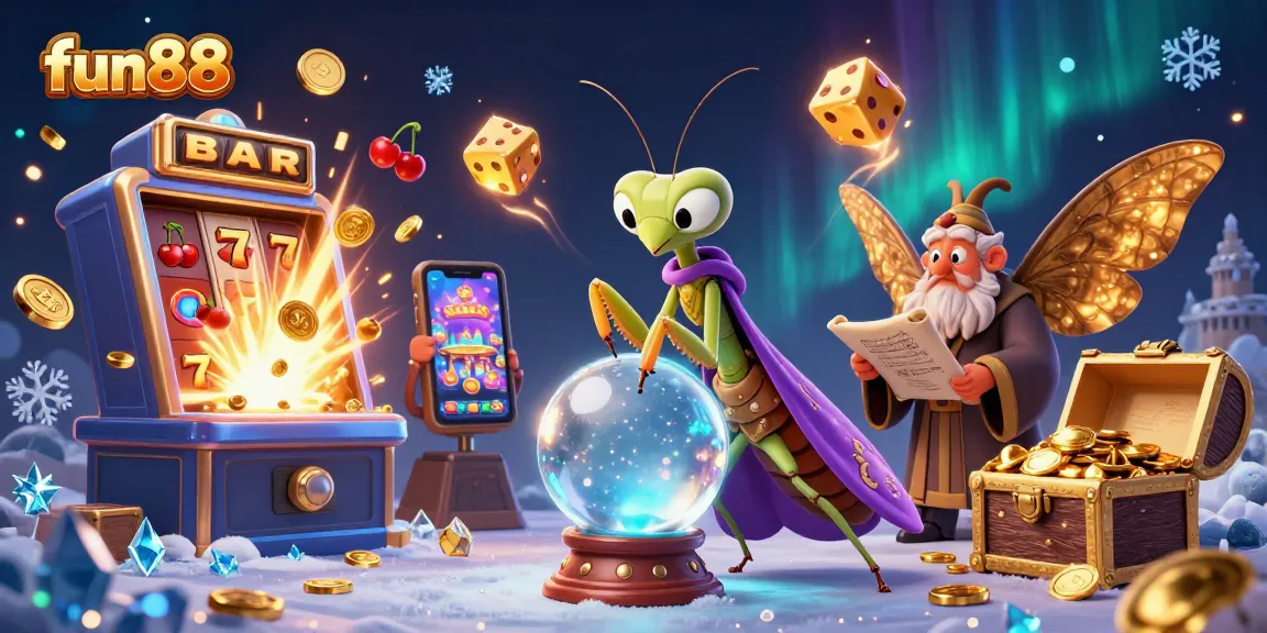 Engage with fun88's vibrant casino scene featuring a fortune teller and librarian amidst jackpots and games.
