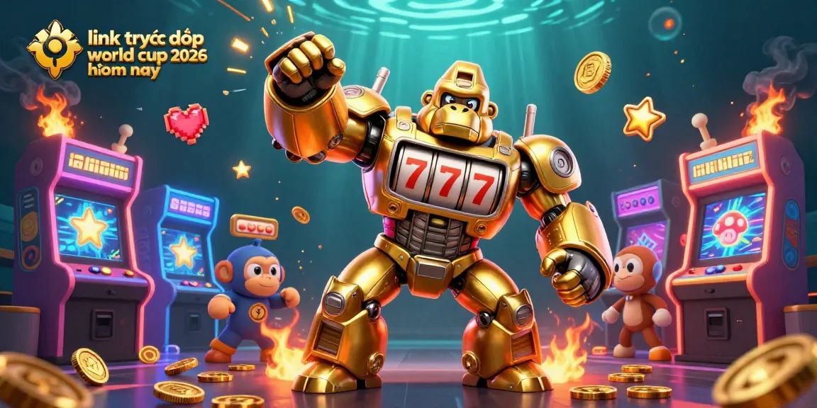 Experience link trực tiếp world cup 2026 hôm nay with dynamic scenes featuring a golden gorilla mech amidst casino elements.