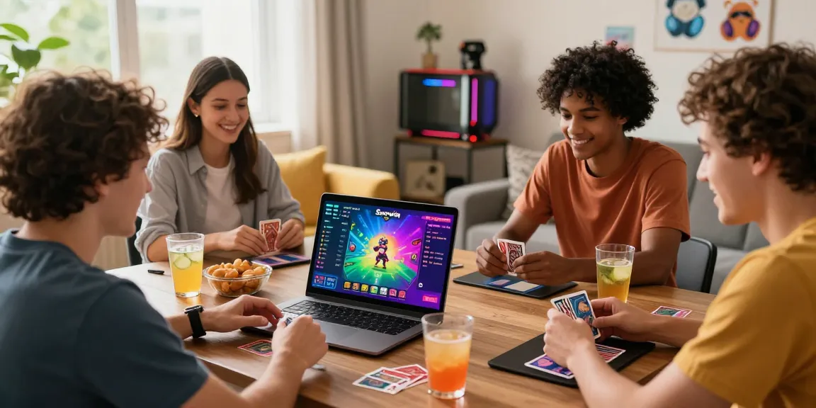 Sunwin gaming friends enjoying a lively card game in a cozy living room setting
