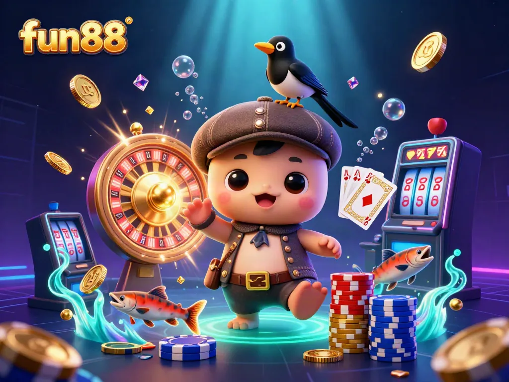 Fun88’s dynamic casino scene with cartoon baby Nessie, gold coins, and exciting game elements.