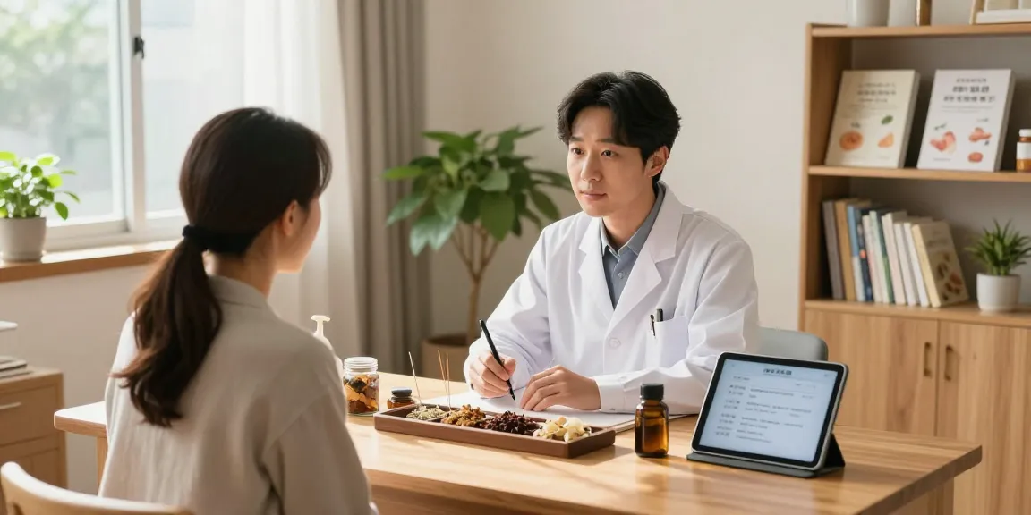 Traditional Korean herbal medicine consultation at 수원한의원 with patient and practitioner.