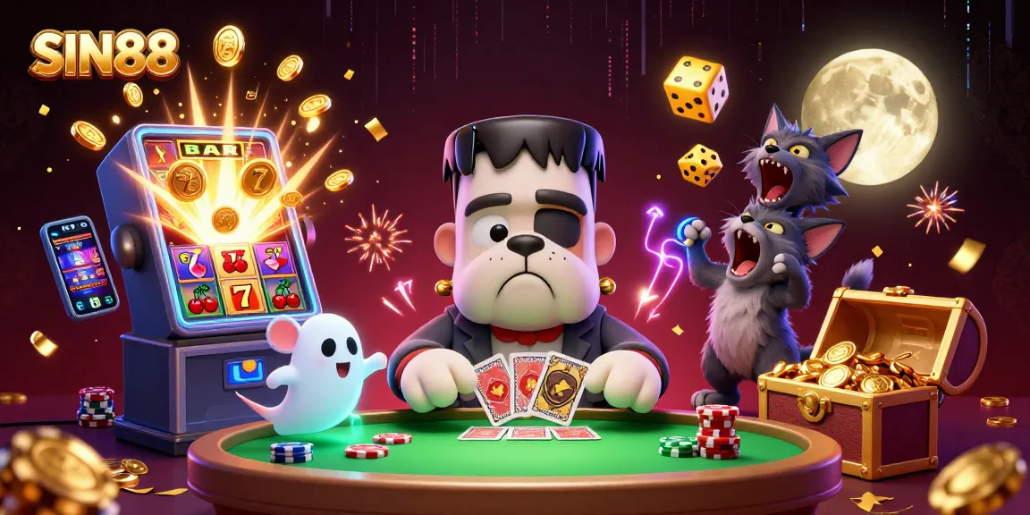 SIN88 illustrates a spirited casino scene with a Frankenstein bulldog dealing cards among gold coins and gaming fun.