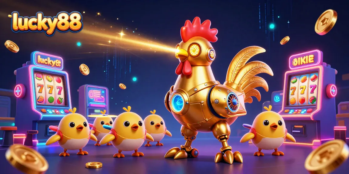 Engage with lucky88's thrilling casino experience featuring a golden rooster robot amid vibrant slot machines.