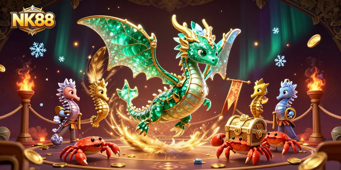 Engage with NK88's immersive dragon treasure quest in this vibrant casino illustration.