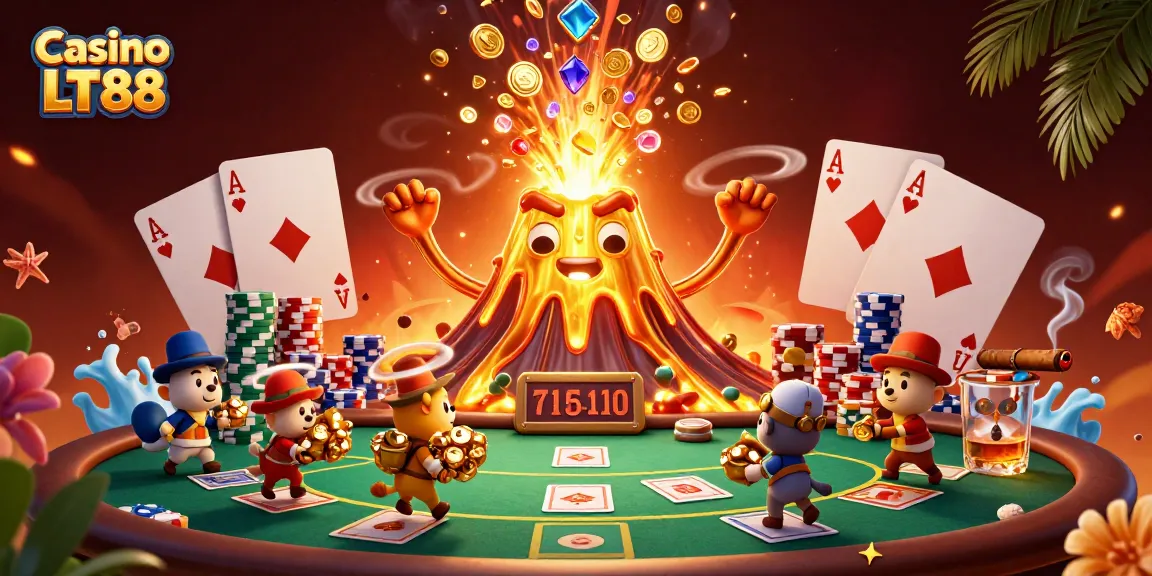 Experience the thrill of Casino LT88 with a colorful eruption of treasures in a vibrant 3D scene.