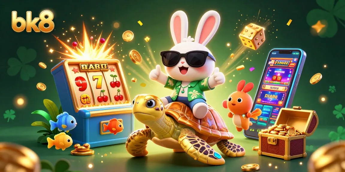 Experience bk8's vibrant casino and gaming action with an adorable rabbit and golden turtle illustration.