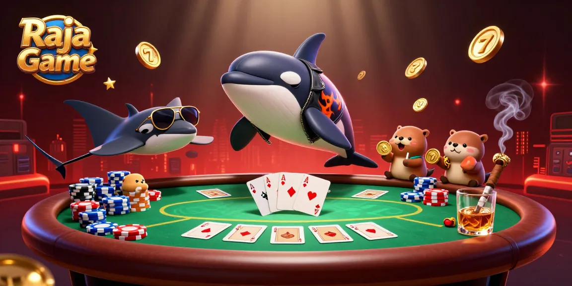 Engage with the Raja Game adventure featuring a dynamic orca, stingray, and otters amidst rich casino elements.