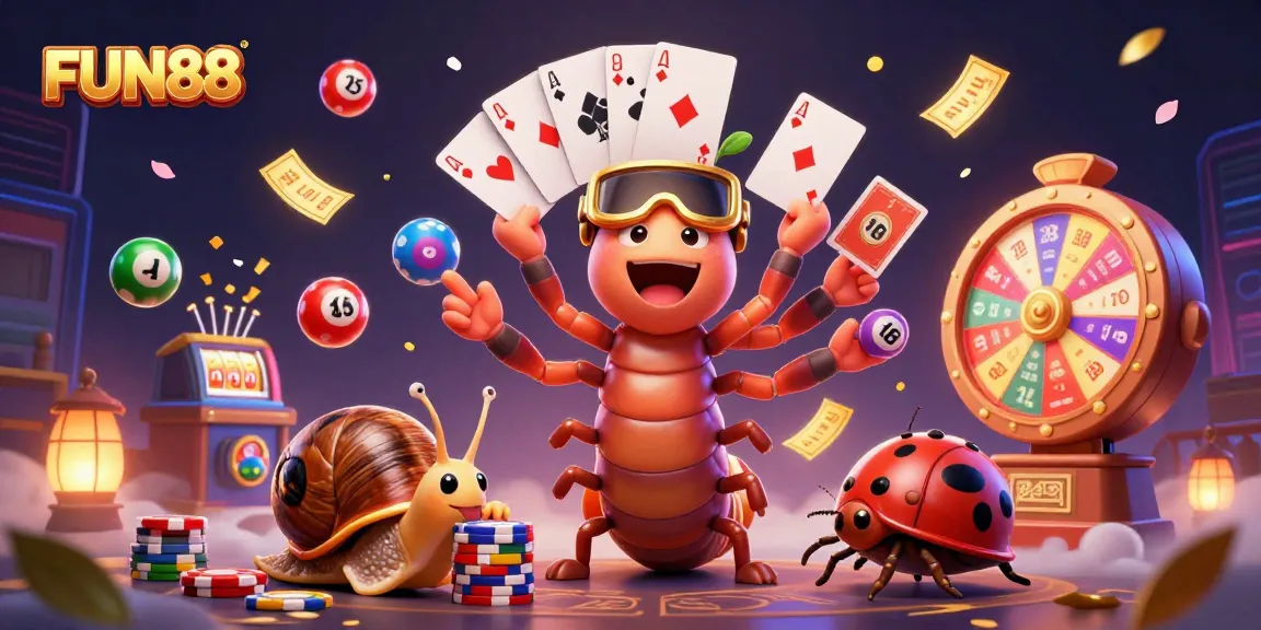 Experience thrilling FUN88 excitement with a vibrant 3D casino illustration showcasing a millipede dealer, high-roller snail, and dynamic game elements.