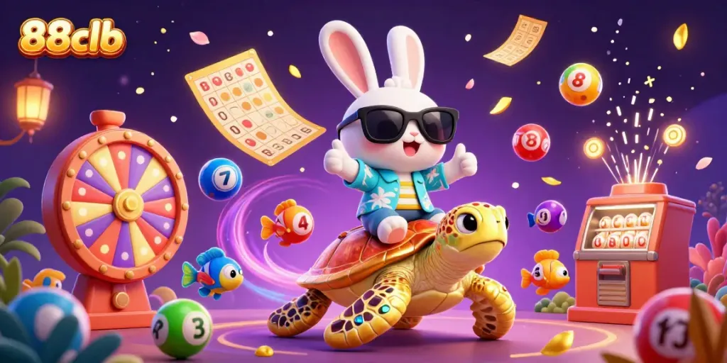 Experience the vibrant world of 88clb as a lucky rabbit rides atop a golden sea turtle amidst colorful lottery elements.