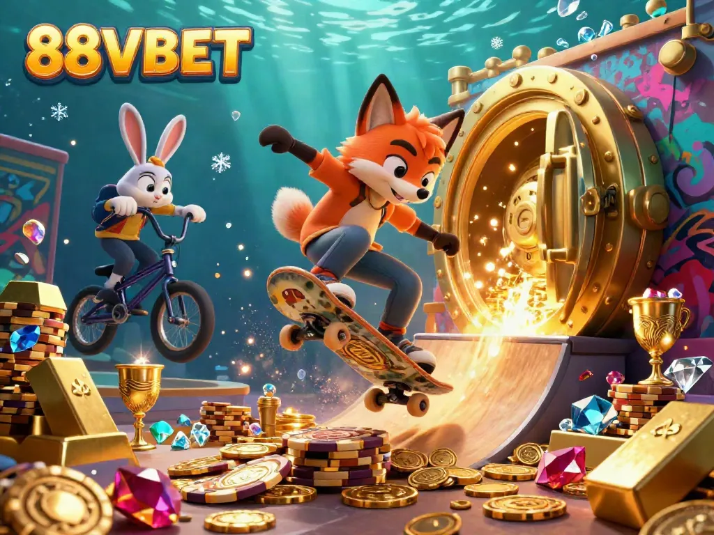Experience the thrill of 88VBET with a cartoon fox performing stunts over golden poker chips in a vibrant casino scene.