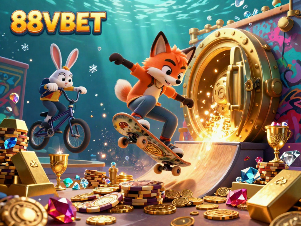 Experience the thrill of 88VBET with a cartoon fox performing stunts over golden poker chips in a vibrant casino scene.