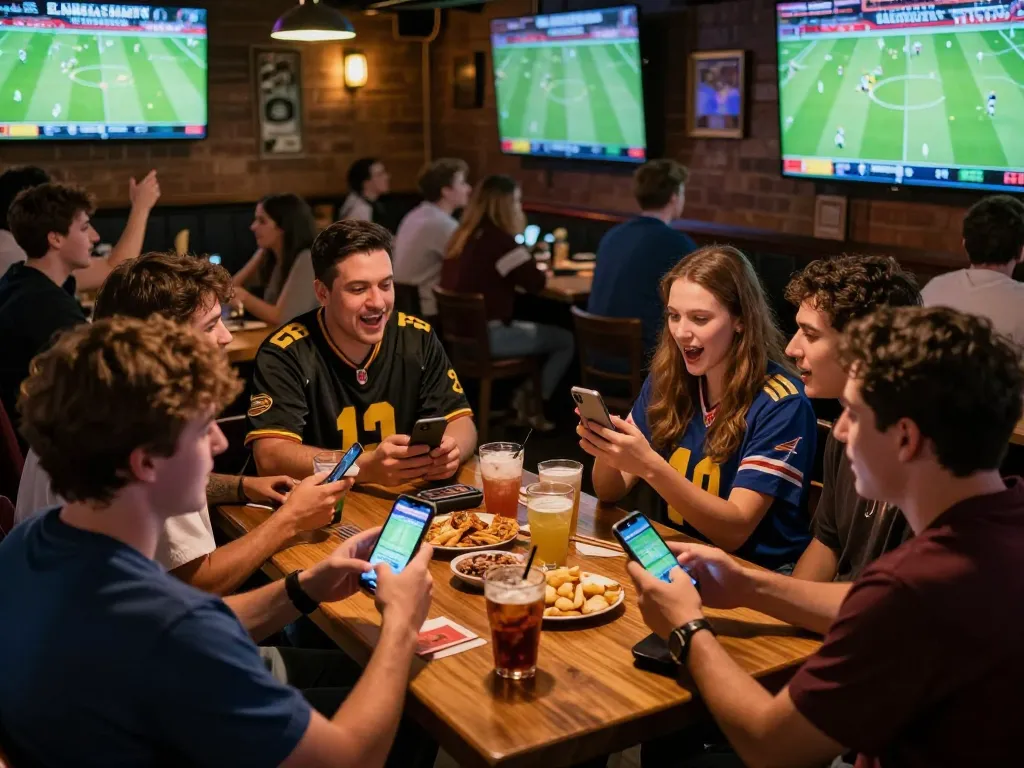 Fans monitoring kqbd results while enjoying a lively match in a crowded sports bar.