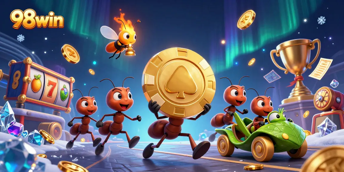 Engage in thrilling gameplay at 98win, as playful ants execute a golden poker heist