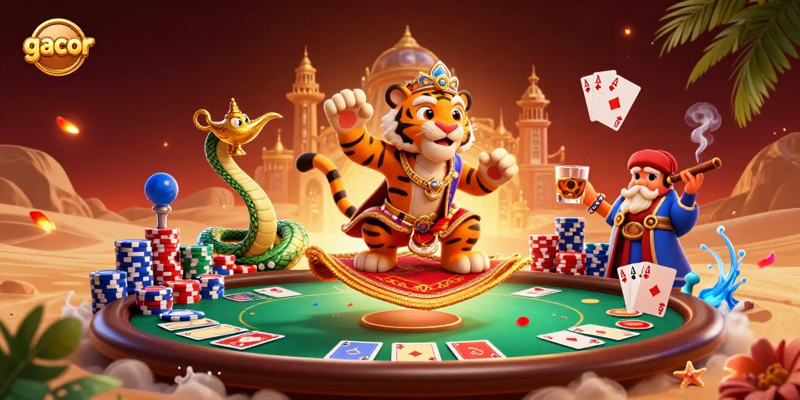 Play gacor slots to win big with vibrant 3D casino-themed illustration featuring tiger sultan and genie.