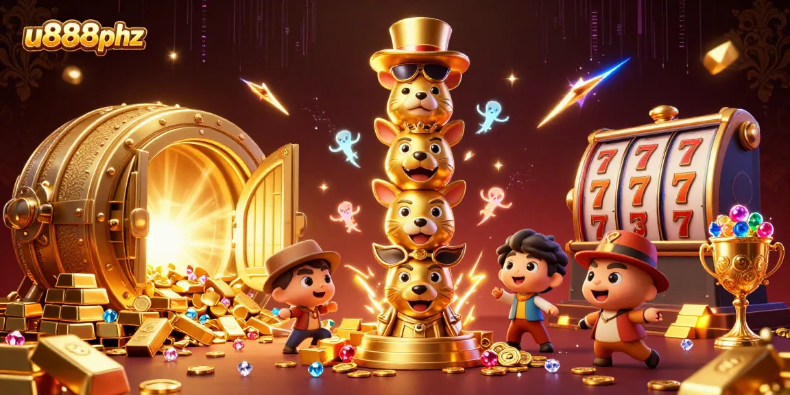 Experience a vibrant casino scene with u888phz, featuring dynamic gaming elements and a golden totem pole.