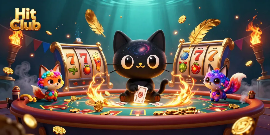 Experience the excitement of Hit Club with a cosmic casino scene featuring a black hole cat and dynamic slot reels.