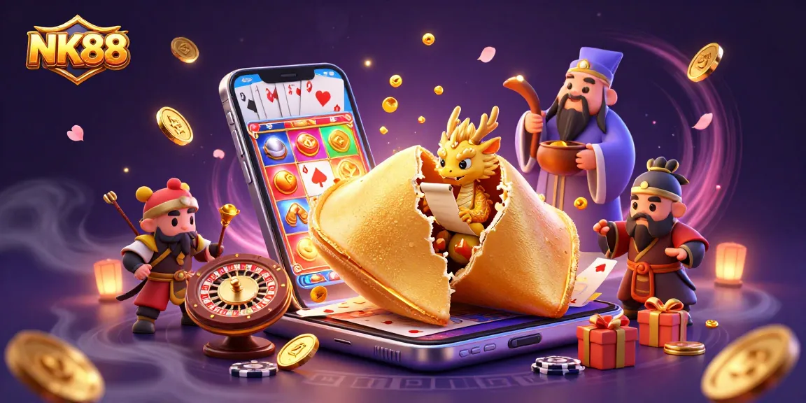 Experience thrilling gameplay with NK88, featuring a golden fortune cookie symbolizing luck and prosperity amid vibrant casino elements.