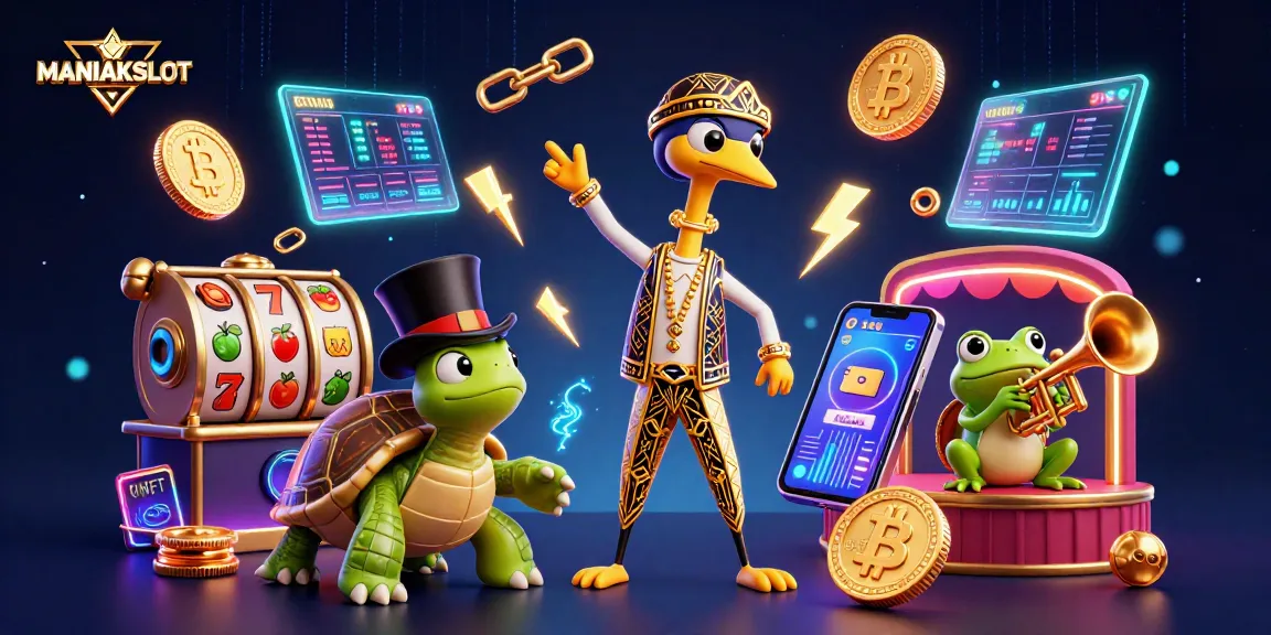 Spin the reels with MANIAKSLOT in a vibrant casino scene featuring a lively crane, turtle, and frog.