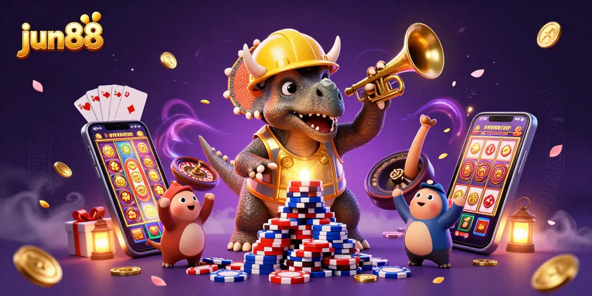 Join the excitement at jun88, celebrating wins with a triceratops building poker chip pyramids!