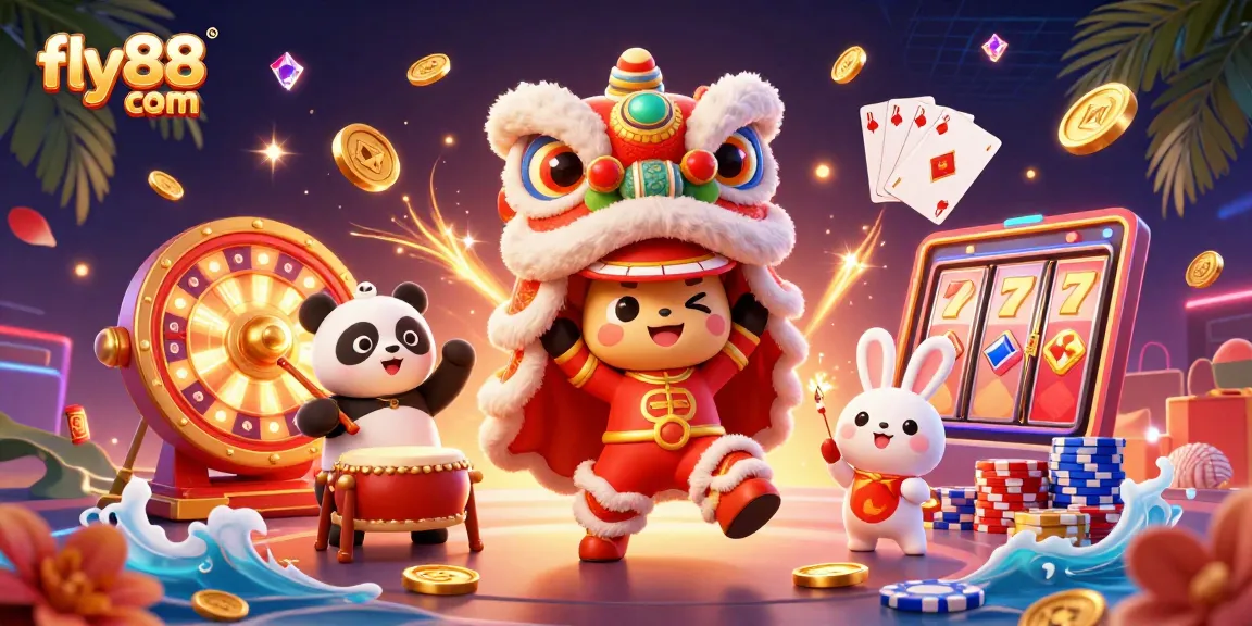 Experience the excitement of fly88 com with vibrant casino elements and festive characters celebrating wins.