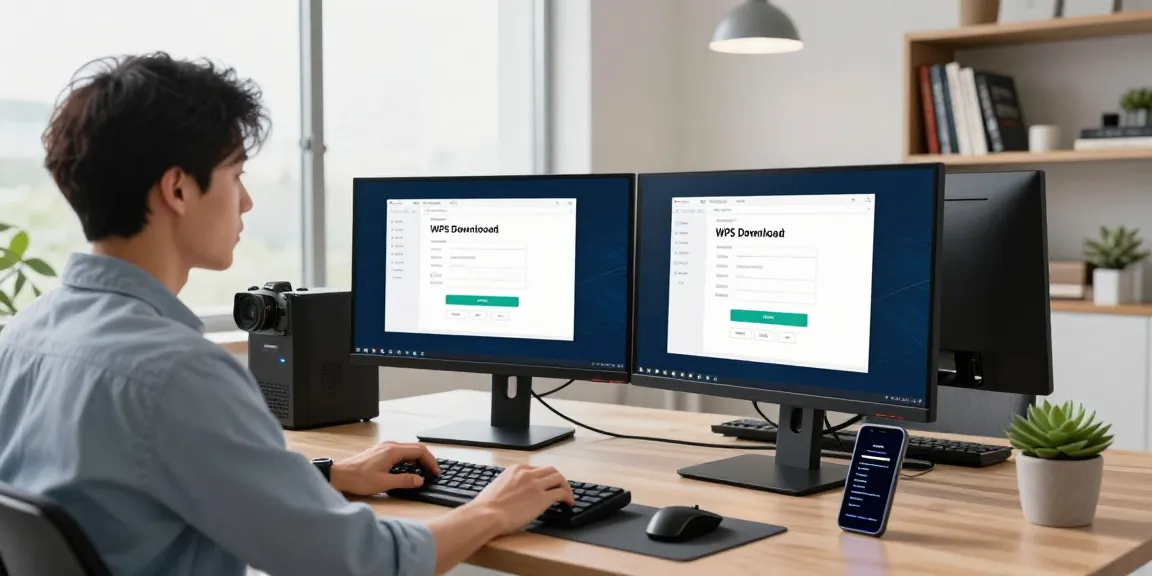 WPS Download on a modern desktop setup with multiple screens in a bright office.