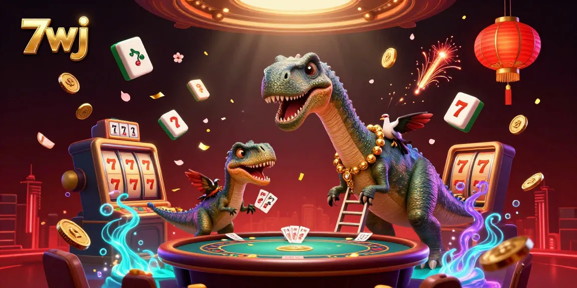 Engage in thrilling games with 7wj's vibrant slot reels and animated characters in an exciting casino illustration.