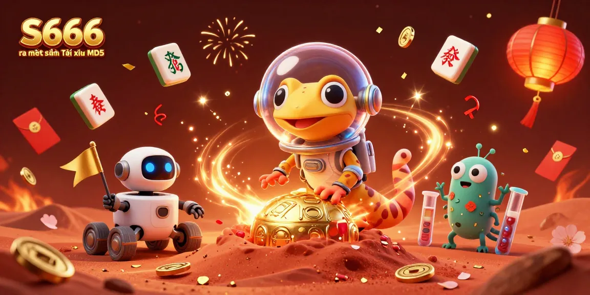 S666 ra mắt sảnh Tài xỉu MD5 showcases a vibrant Martian gecko exploring a casino in outer space.