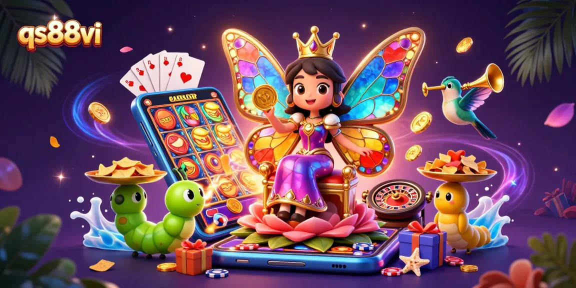 Experience excitement at qs88vi with a vibrant casino scene featuring a butterfly queen and 3D games.