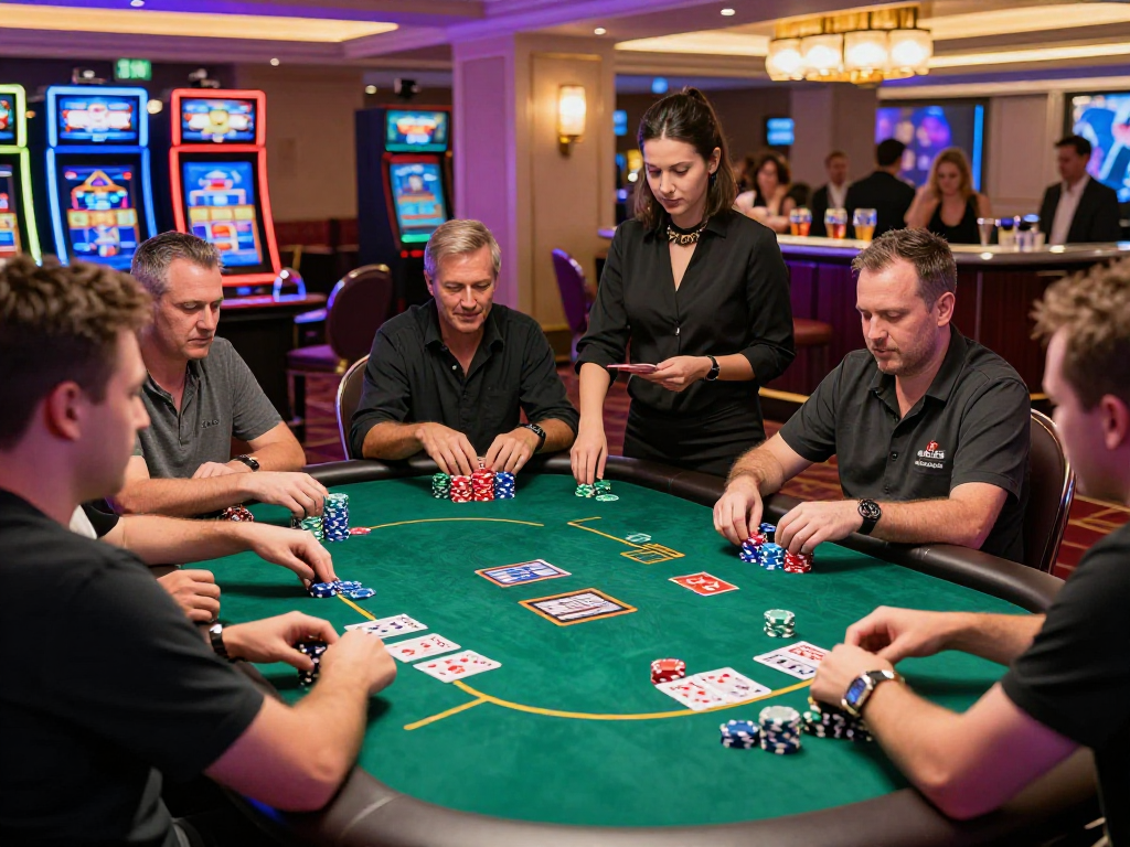 Giocatori entusiasti ai tavoli da poker in un elegante casino non AAMS, immersi nel gioco e circondati da luci vivaci.