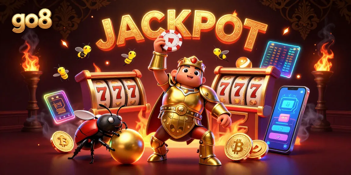 Spin to win with go8 in a vibrant jackpot scene featuring dynamic game elements and lively characters.