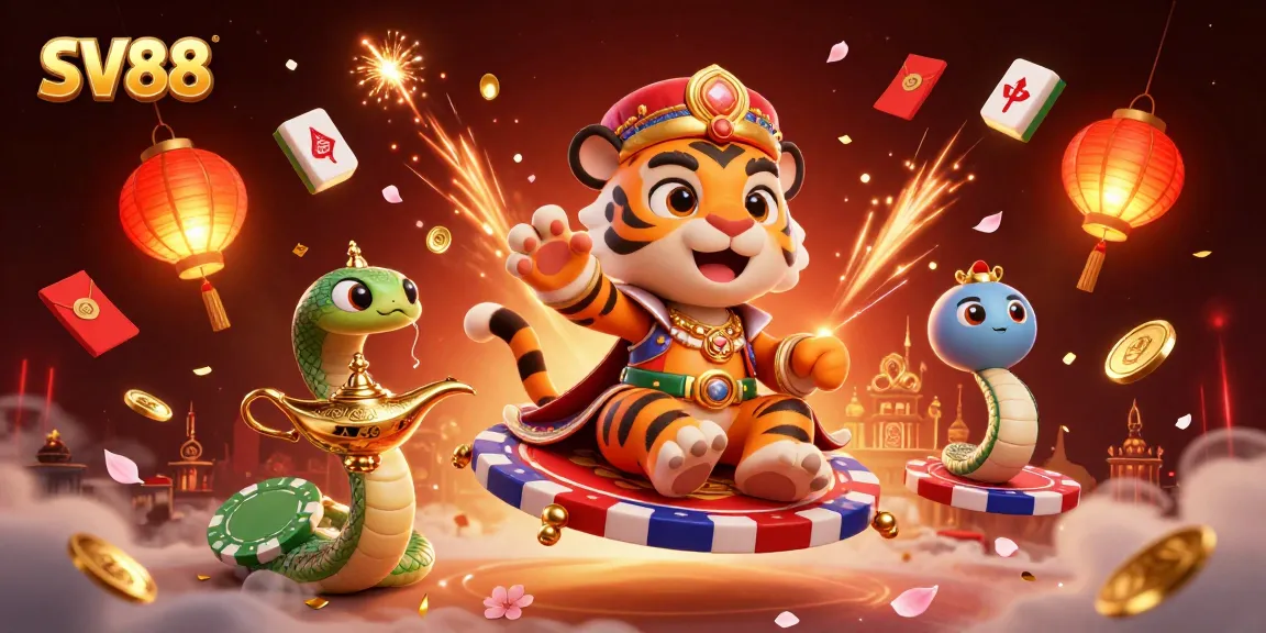 Engage with SV88's vibrant gambling adventures featuring stacked poker chips, glowing lanterns, and a sultan's flying carpet.