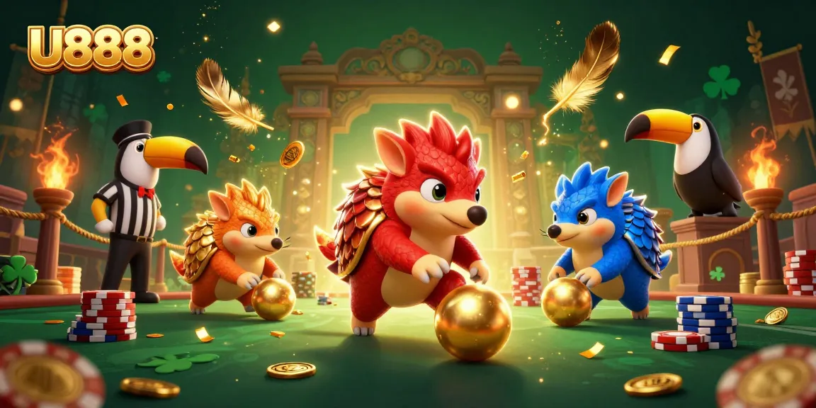 Experience thrilling U888 casino action with animated pangolins bowling chips in a vibrant scene.