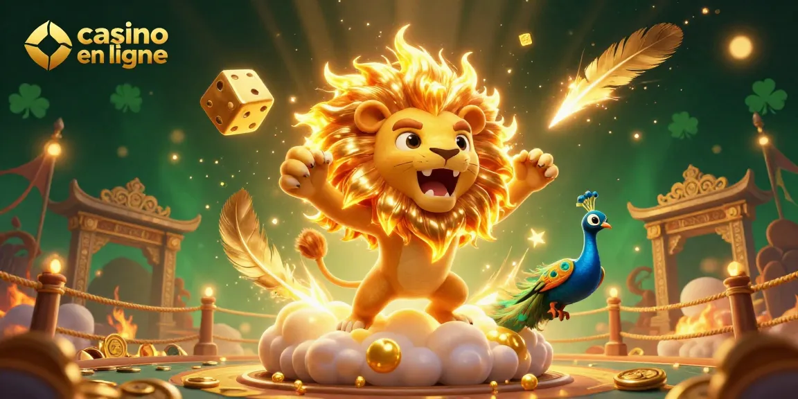 Vivez l'excitation du casino en ligne avec ce lion enflammé et des dés dorés dans un paysage spectaculaire.