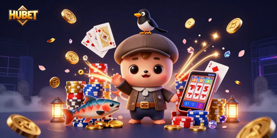 Play and win at HUBET with vibrant 3D casino characters amidst cascading coins and lively game elements.